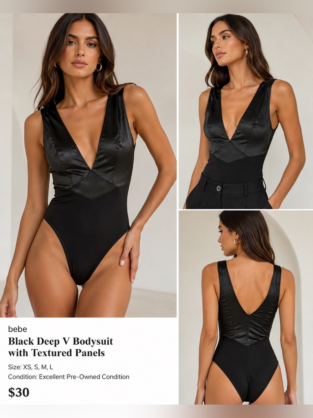 bebe Black Deep V Bodysuit with Textured Panels